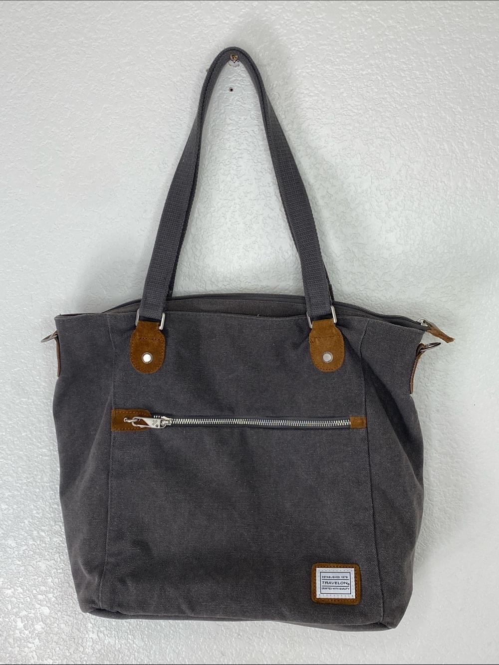 TRAVELON Anti Theft Heritage Gray Canvas Tote Bag with Brown Suede Accents.
